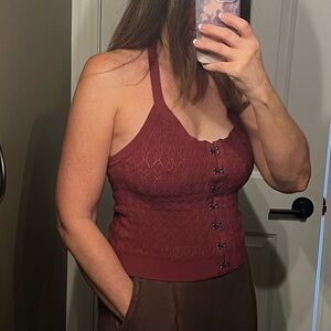 FREE PEOPLE NWT Intimately Wine Halter Neck Knit Tank Top Size L